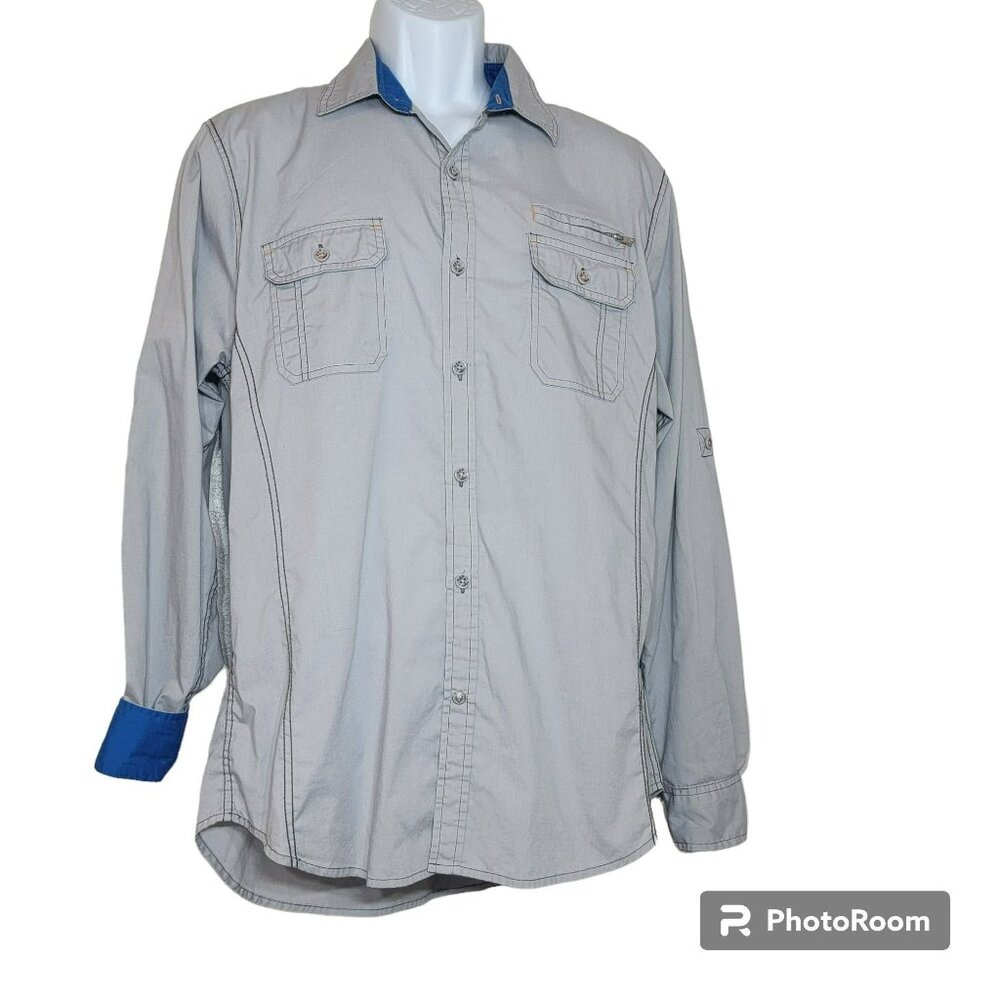Drill Clothing Co Button Front Shirt, Men L, Light Gray/blue, Flip Cuff/Roll Tab